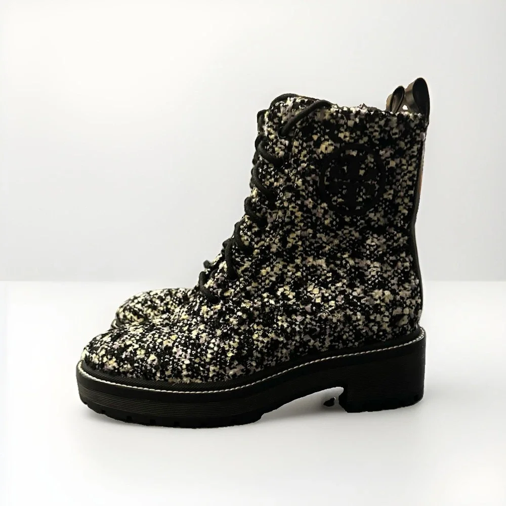 Tory Burch Miller Lug Sole Tweed & Leather Booties Women's Size 5.5